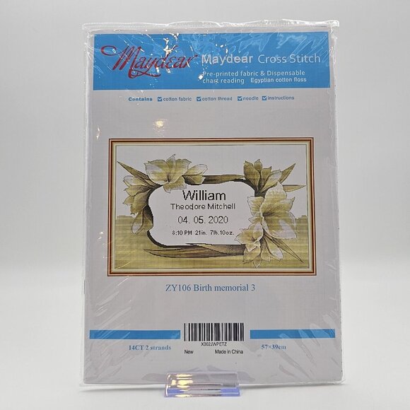 Maydear Birth Memorial Cross Stitch Kit Pre-Printed Fabric - Picture 1 of 6